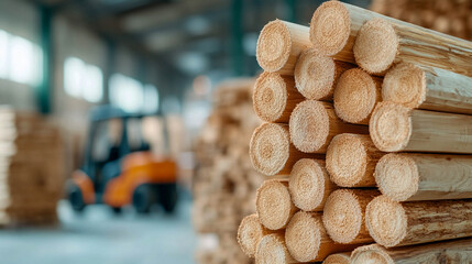 A warehouse with lumber. Round logs are stacked in the foreground. In the background is a forklift truck, as well as stacks of planks and beams. Processing or transportation of wood.