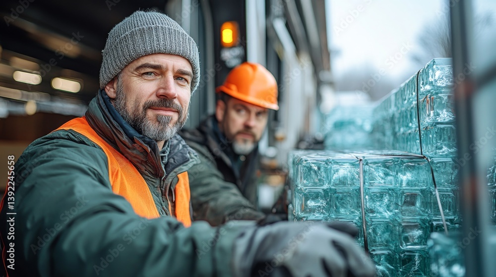 Poster Two men wearing safety gear are managing large transparent glass blocks at a construction site in winter, focusing on their work effectively with visible machinery in the background.