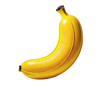 A vibrant yellow inflatable banana, meticulously detailed, rests against a minimalist white background.