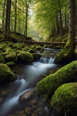 Obraz premium A stream of water flows through a forest with moss growing on the rocks