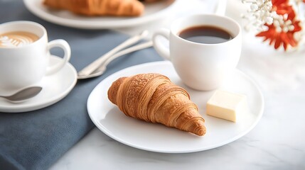 Croissant & Coffee set. Flaky pastry and fresh brewed coffee on a white marble surface