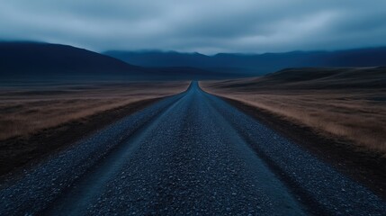 Fototapeta premium Empty gravel road stretches into a hazy mountain landscape at twilight