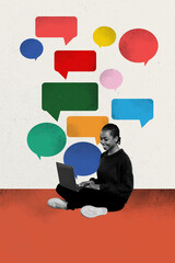 Sketch vertical poster image collage of happy american girl type laptop colorful notification...