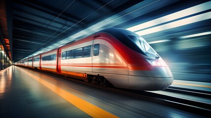 Fototapeta premium High Speed Train Departing Modern Railway Station Platform
