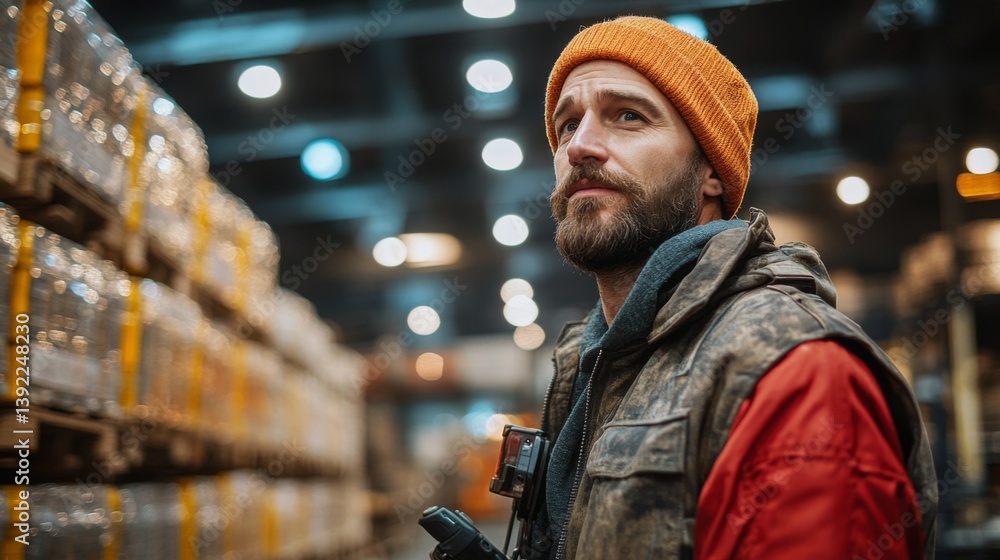 Poster a worker inspects the warehouse environment, assessing logistics related to cement and concrete prod