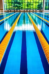 Obraz premium Long rectangular pool inside a gym or sports center, clean and quiet, waiting for swimmers to begin.