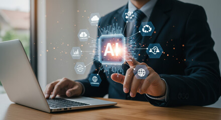 AI-Powered Business: Man Using Laptop, Navigating Future Tech with AI Solutions, Innovation & Digital Transformation for Success