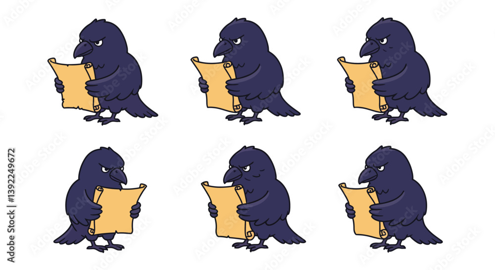 Poster curious raven reading scroll in playful flat style vector illustration