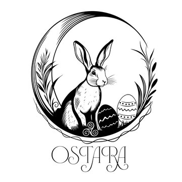 Ostara Mond mit Hase, Triskele, Gr&auml;sern und Eiern. Ostern Vektor f&uuml;r Pagan und Wicca.