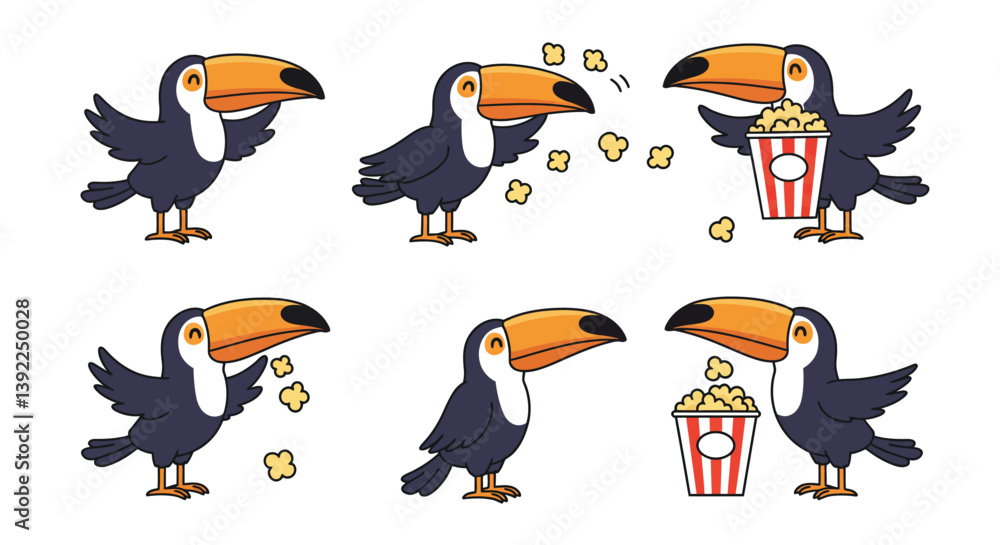 Poster animated toucan character enjoying popcorn in flat design vector art