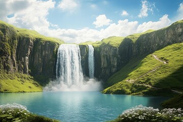 Fototapeta premium Majestic waterfall cascading into a serene lake surrounded by lush green hills