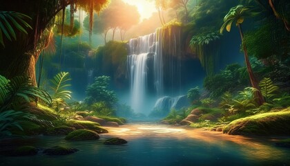 Fototapeta premium Waterfall in the Lush Rainforest: A vibrant depiction of a pristine waterfall cascading into a serene river within a lush, emerald rainforest.