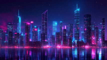 Futuristic city skyline illuminated by neon lights and reflections
