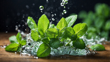 Fresh Green Mint Leaves Splashing with Water for a Refreshing Experience