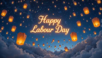  Happy Labour day text with Sky Lantern and  star glowing in sky