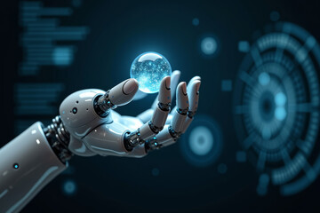 Robot hand holding Eco green world and environment interface icon on dark digital background, Save the world, Concept of sustainable environment. AI