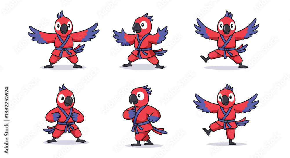 Poster colorful parrot character design in flat style showcasing dynamic movement vector art