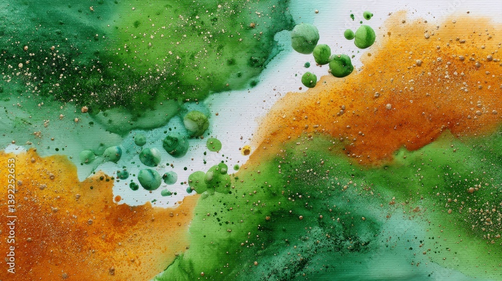 Poster vibrant canvas of green and orange hues with unique bubble textures and natural patterns