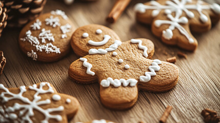 Deliciously Decorated Gingerbread Cookies with Elegant White Icing on Rustic Wooden Table