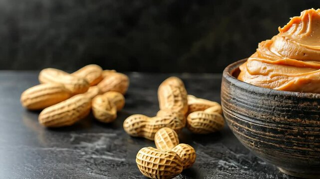 Creamy peanut butter in rustic bowl and shelled peanuts on dark surface, a protein rich healthy snack, high calorie nutrition