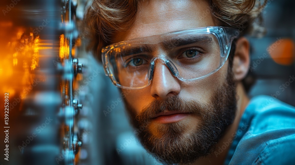 Poster a skilled worker is focused on mining and extraction activities, wearing protective eyewear in a con