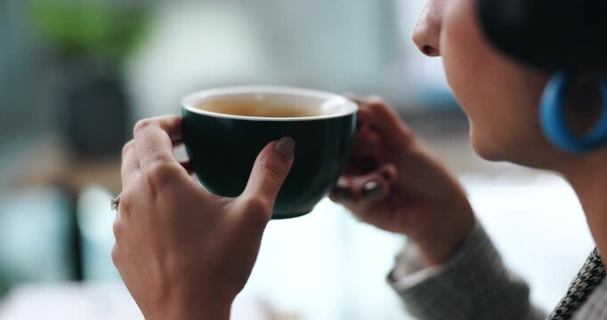 Hands, woman and cup with coffee in office for morning routine, caffeine start and workplace drink. Person, blowing and warm beverage with herbal tea, healthy liquid or espresso for business break