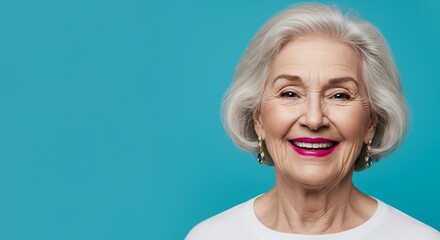Happy senior woman bright blue background portrait. AI Generated