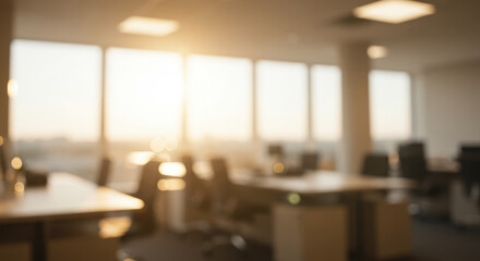 Fototapeta premium Modern Office Space: Bright Window Views, Work Desks, & Open Concept Design for Productivity & Collaboration