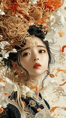 Noodle Headdress Woman Portrait of excellence in splendor beyond compare with grace in style