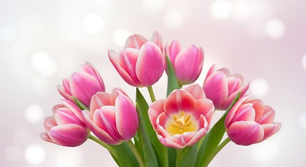 Fototapeta premium Pink Tulips Dawn A Gentle Bloom Pastel Dreams Springtime Bouquet Soft Light Petals Whispers Of Pink Delicate Beauty Floral Embrace Tender Blossoms Sunrise Tulips AI Generated