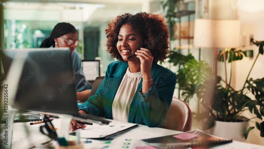 Poster call center, contact us and laptop with black woman in office for assistance, consulting or help. co