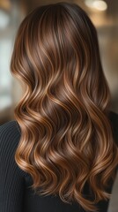 Fototapeta premium Long brunette hair with soft, shiny waves, flowing down the back against a softly lit background