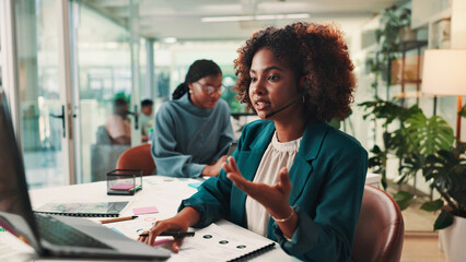 Call center, laptop and problem solving with woman in office for assistance, consulting or help....