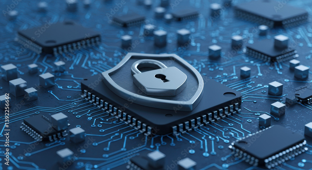 Poster cyber security fortress: secure chip protection concept with padlock on circuit board ? tech securit