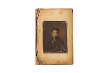 Antique sepia photo portrait young girl vintage card aged paper worn edges nostalgic memory heirloom isolated on transparent background