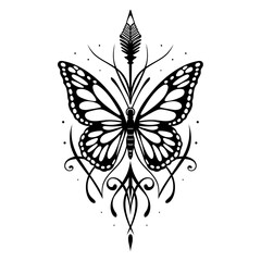 Schmetterling Pfeil. Filigranes Vektor Design mit Insekten im Fineline Tattoo Style.