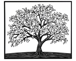 Blooming magnolia tree, spring garden, black and white illustration, nature art