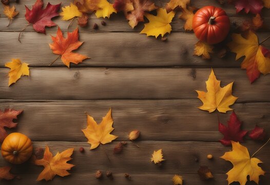 thanksgiving tabletop background leaves natural wood fall halloween harvest maple nobody rustic design happy autumn copy space table banner october layout season still life topview seasonal leaf