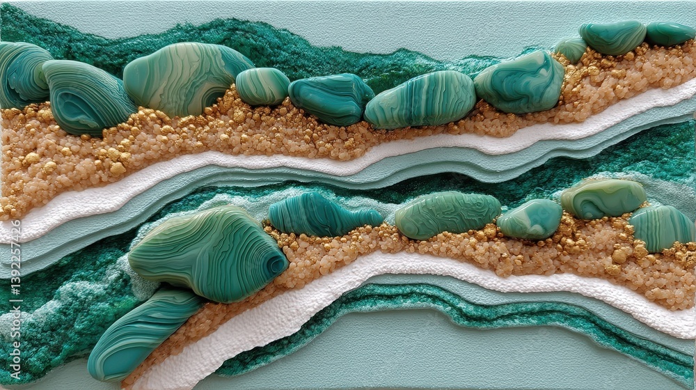 Poster textured fluid art composition with teal waves and layered elements on canvas surface