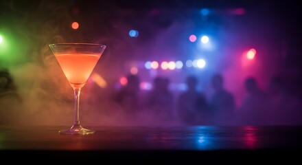 A neon-lit cocktail glass mockup with a glowing effect in a nightclub scene.