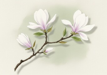 Obraz premium Delicate watercolor floral branch with white magnolia blossoms and soft green leaves in botanical illustration