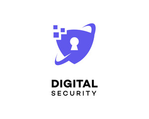 Digital security logo concept with a shield, keyhole, and pixel elements. Modern vector icon for cybersecurity, data protection, and technology businesses.