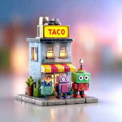 Naklejka premium Three Robots Outside a Snowy Taco Shop at Night