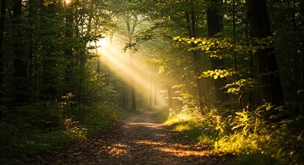 Obraz premium Sunbeams illuminate forest path peaceful morning ambiance. AI Generated