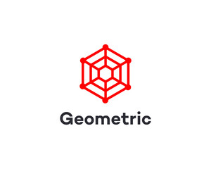 Modern geometric logo design featuring a red cube and hexagonal network structure. Ideal for technology companies, data science, and innovative business branding.