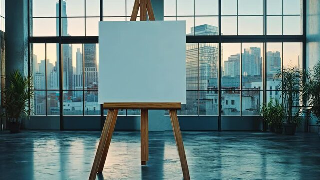 Studio apartment interior with blank canvas on wooden easel, and panoramic cityscape view through window for art, painting concepts