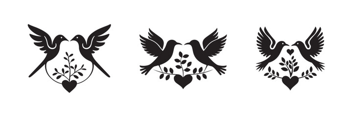 Three black and white stylized bird silhouettes with hearts and foliage, perfect for wedding or love-themed design.