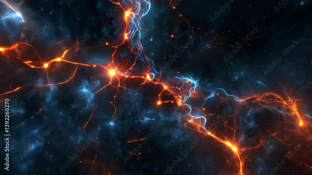 Aufkleber abstract nebula background with bright orange and blue lightning flashes and energy arcs, creating a