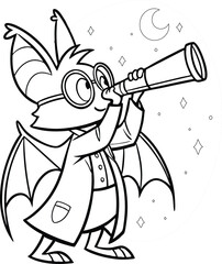 Naklejka premium A Cute Bat Scientist Looking Through a Telescope at the Moon and Stars