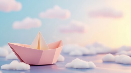 Obraz premium A delicate pink paper boat floats among fluffy clouds against a dreamy pastel sky, evoking a sense of whimsy and imagination.